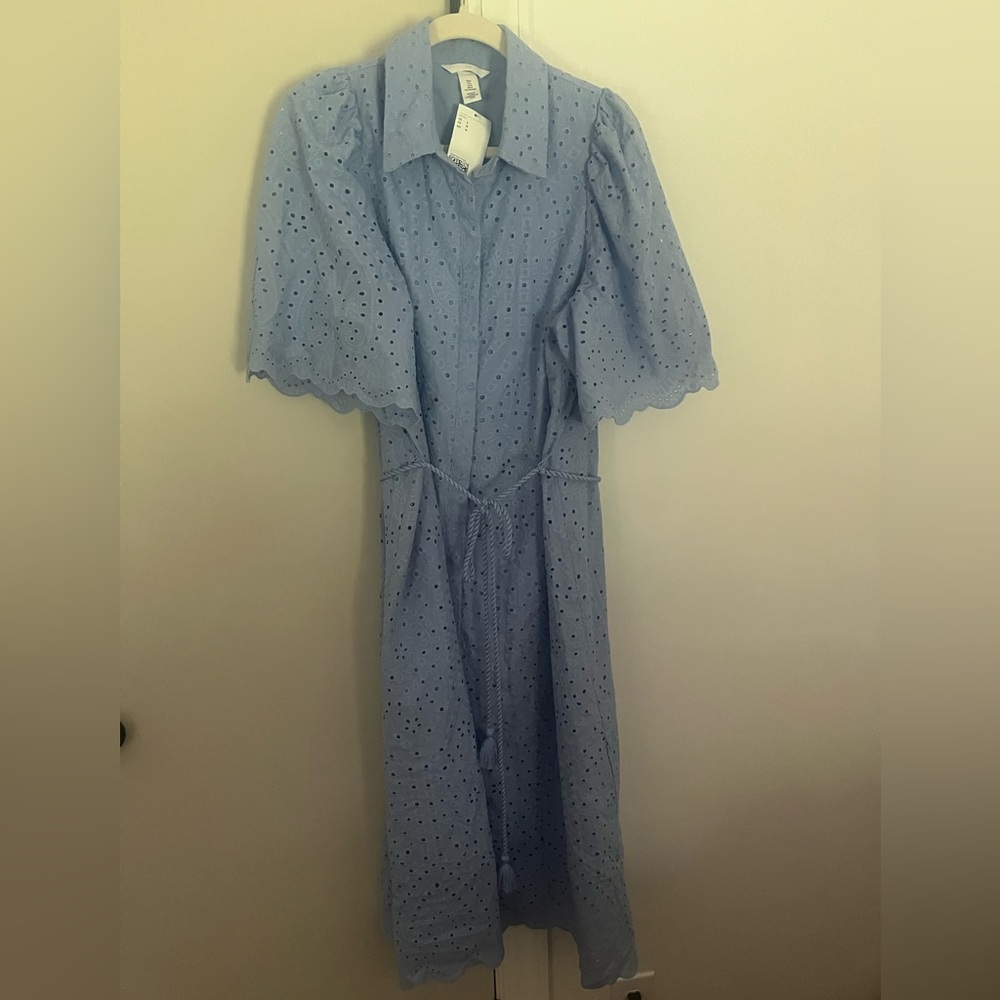 H&M Powder Blue Eyelet Midi Shirt Dress